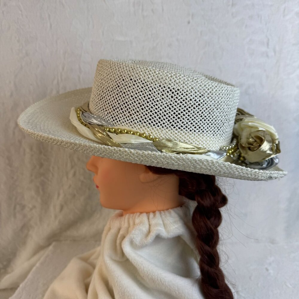 Vintage White Woven Straw Hat With Elegant Gold & Silver Floral Accents Church